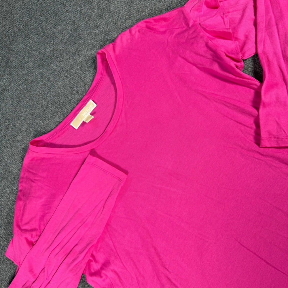 Michael Kors Womens Pink Ruffle Shoulder Rhinestone MK Logo Top Small #4282